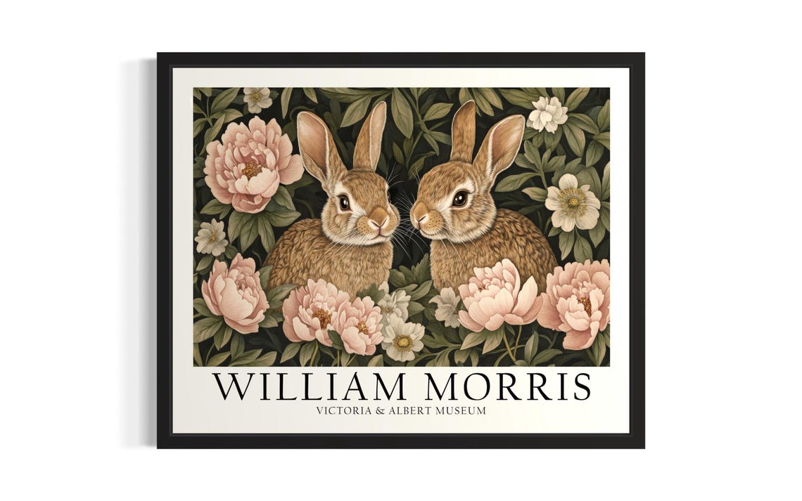 William Morris Rabbit Pair Among Blush Peonies Garden Art Poster