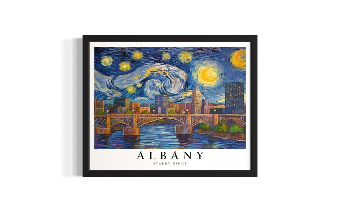 Albany Starry Night Skyline Bridge Over The River Art Poster