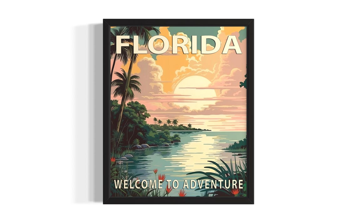 Florida Welcome to Adventure River Sunset Vintage Travel Poster