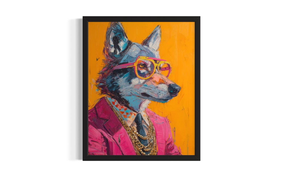 Funky Wolf in Pink Suit with Yellow Sunglasses and Gold Chains Poster