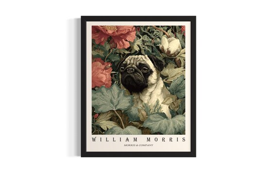 William Morris Pug Dog Among Red Flowers Vintage Museum Poster