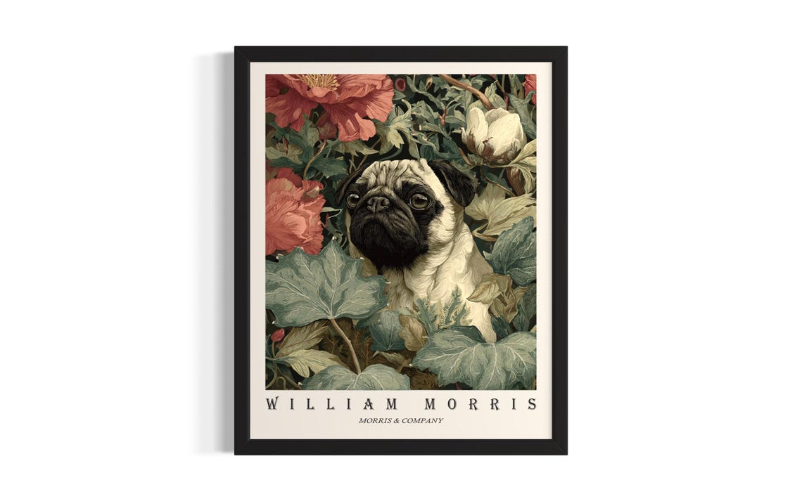 William Morris Pug Dog Among Red Flowers Vintage Museum Poster