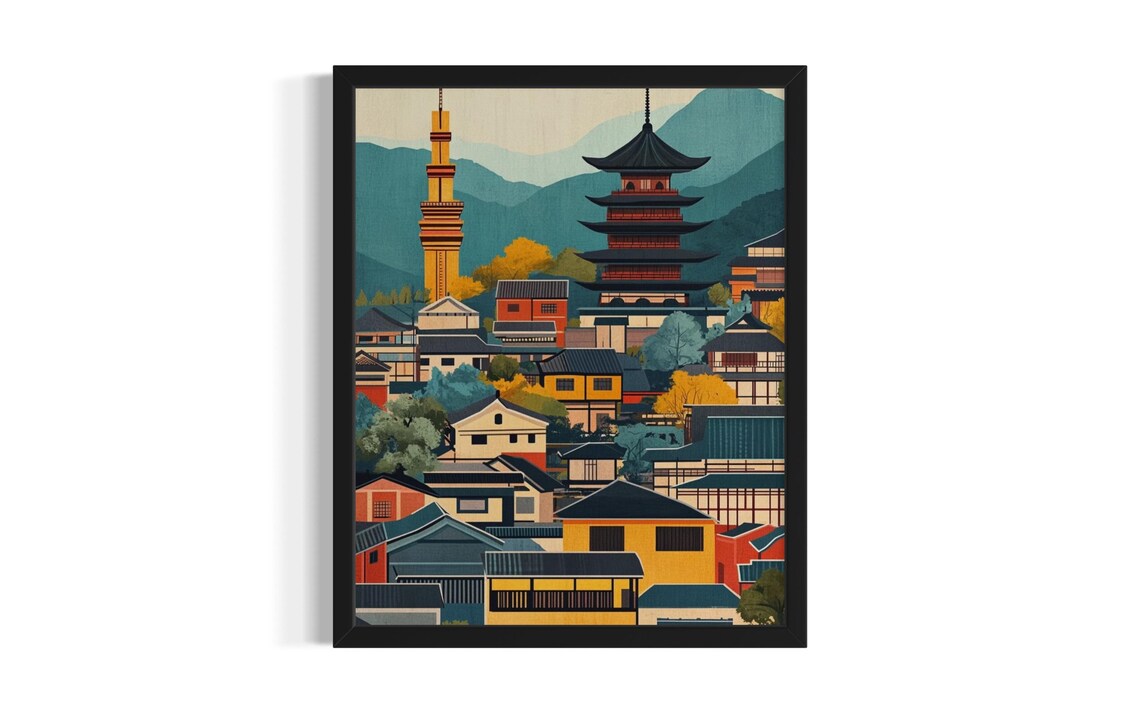 Kyoto Japan Old Town Pagoda Mountains Autumn Travel Art Poster