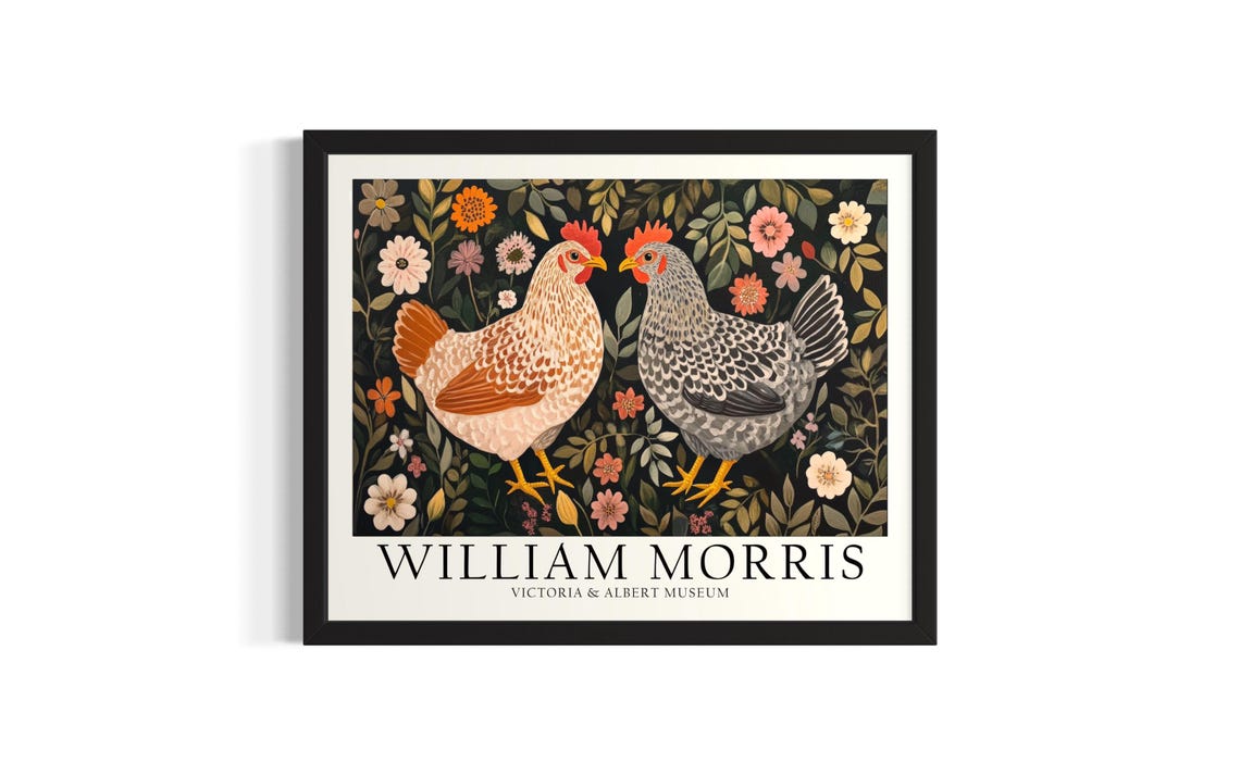 Two Chickens Among Garden Flowers William Morris Inspired Art Poster