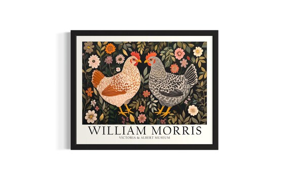Two Chickens Among Garden Flowers William Morris Inspired Art Poster