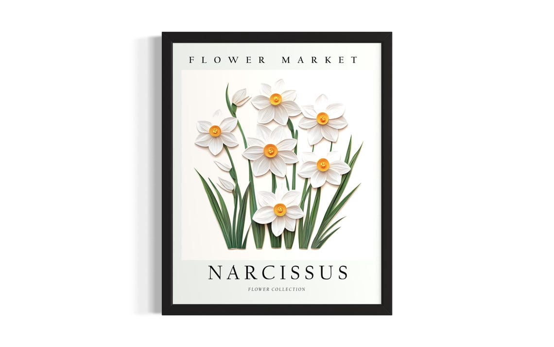 Narcissus Flower Market 3D Paper Cut White Daffodil Bloom Art Poster