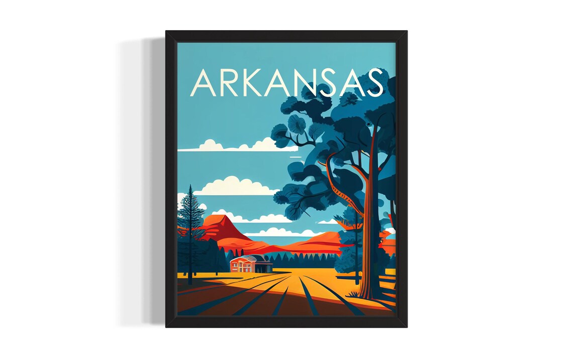 Arkansas Barn Fields Mountains Bold Colorful Countryside Travel Poster