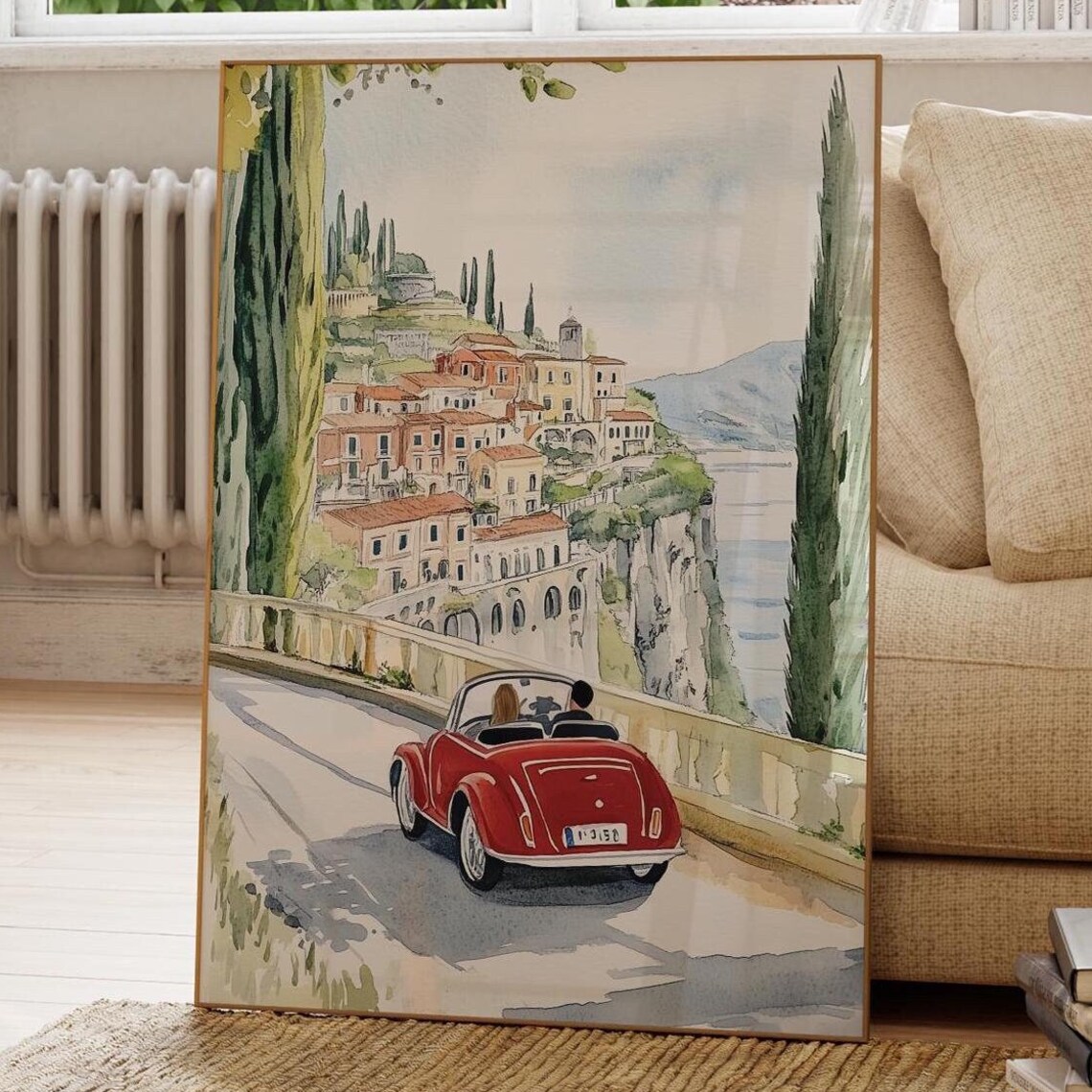 Amalfi Coast Red Vintage Convertible Cliff Road Italy Poster