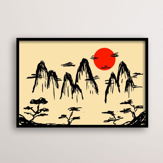 Japanese Landscape Minimalist Art Print, Zen Mountain