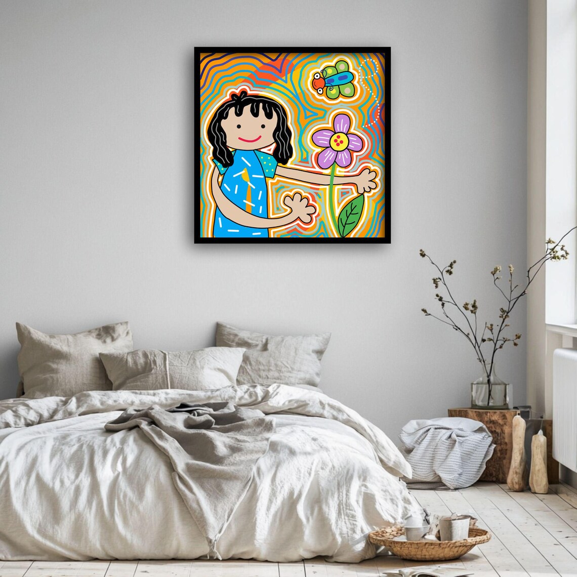 Playful Kids And Butterfly, Whimsical Flower Art Print - Image 3