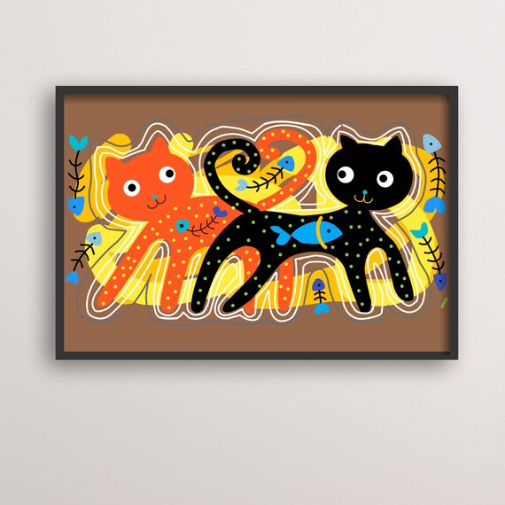 Whimsical Cat Illustration, Kids Room Boho Decor