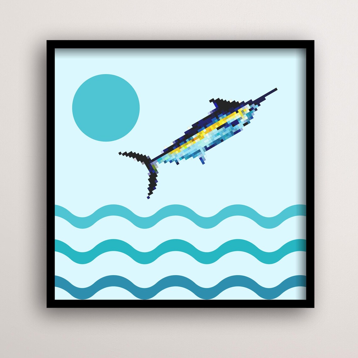 Pixel Fish, Minimalist Ocean Decor Art Print