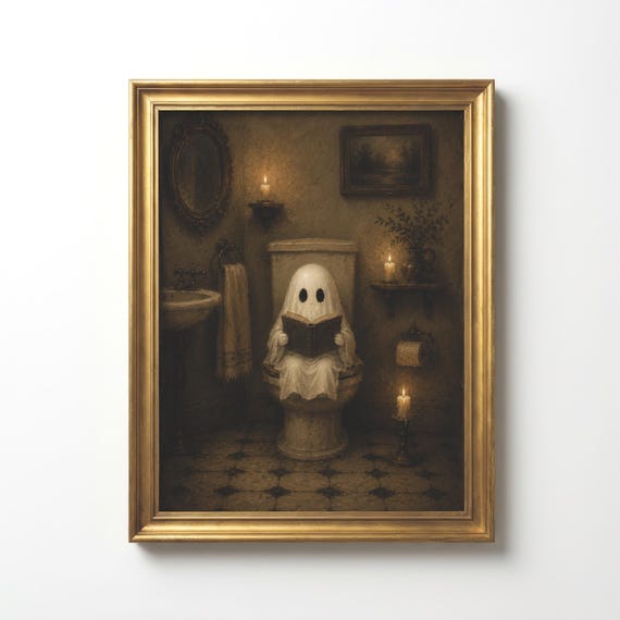 Ghost On Toilet Wall Art Funny Bathroom Decor Vintage Halloween Print Cute Spooky Above Artwork