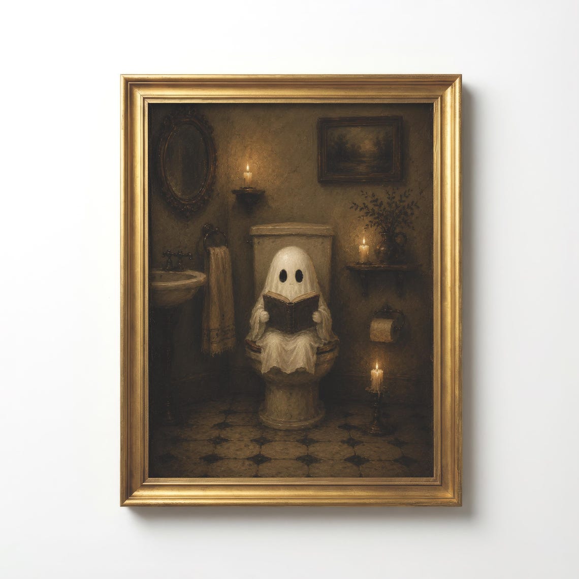Ghost On Toilet Wall Art Funny Bathroom Decor Vintage Halloween Print Cute Spooky Above Artwork