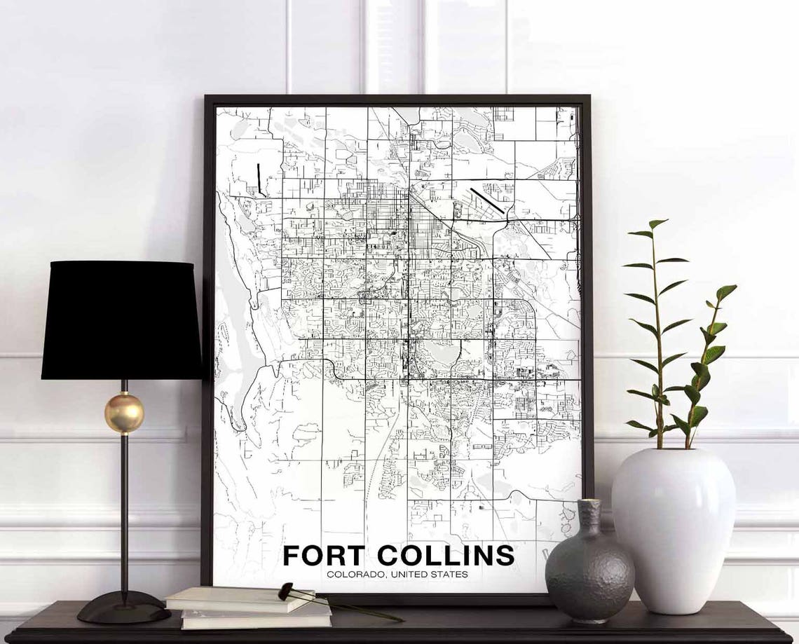 Fort Collins Colorado Black and White Street Map Wall Poster