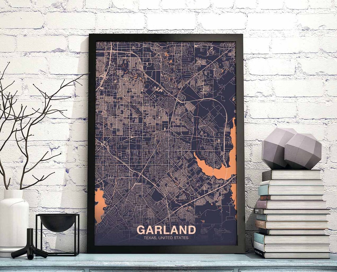 Garland Texas Dark Blue Street Map Poster With Copper Roads Home Decor