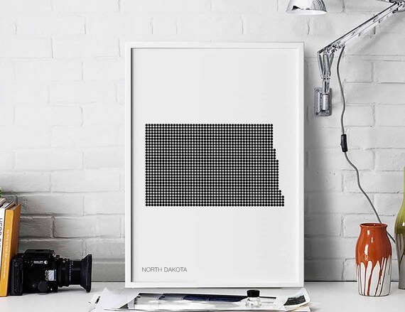 North Dakota Us State Minimal Dots Retro Map Poster Black White Wall Decor Design Modern Swiss Scandinavian Nordic Housewarming Travel