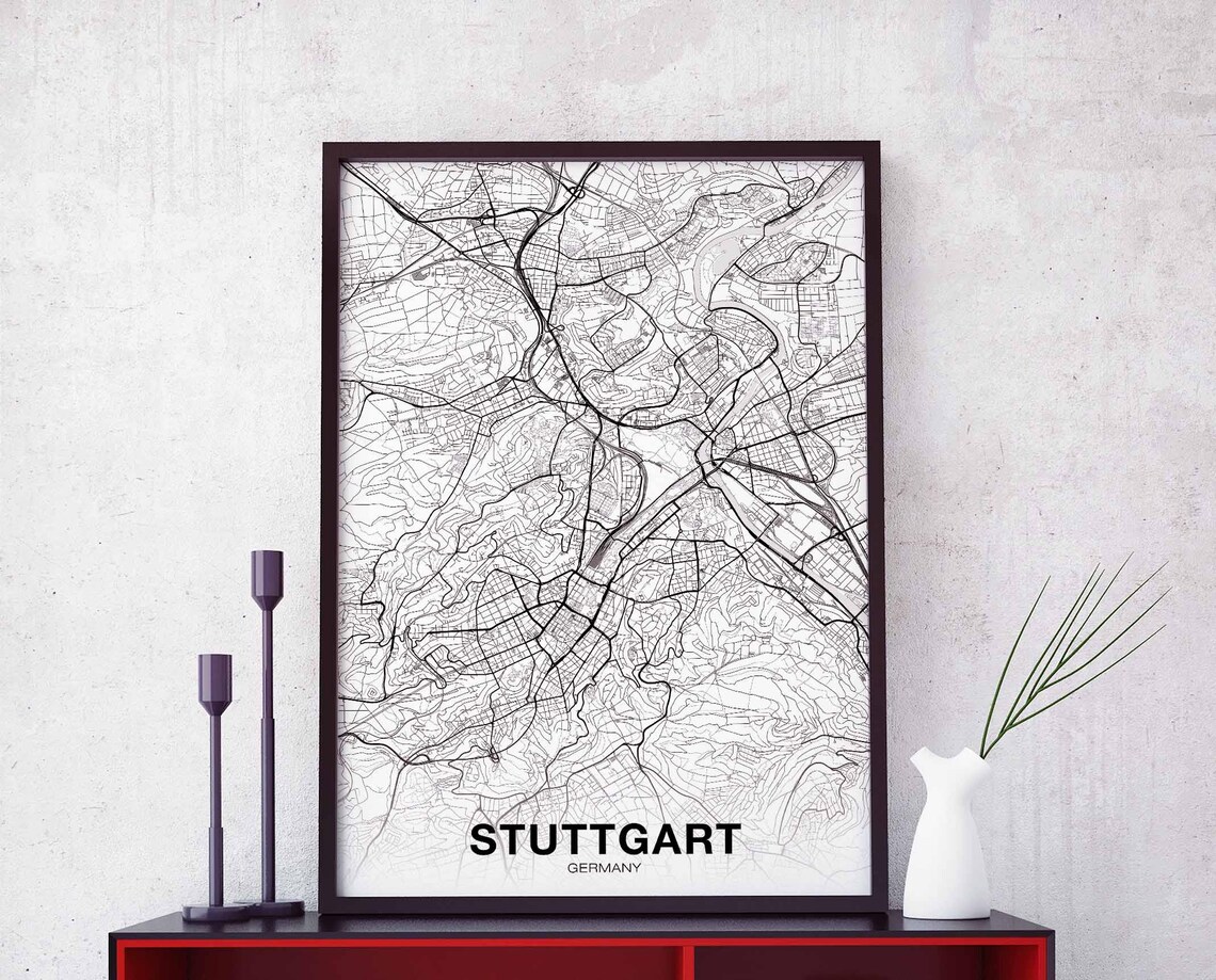 Stuttgart Germany Black and White City Map Poster Modern Home Decor Art