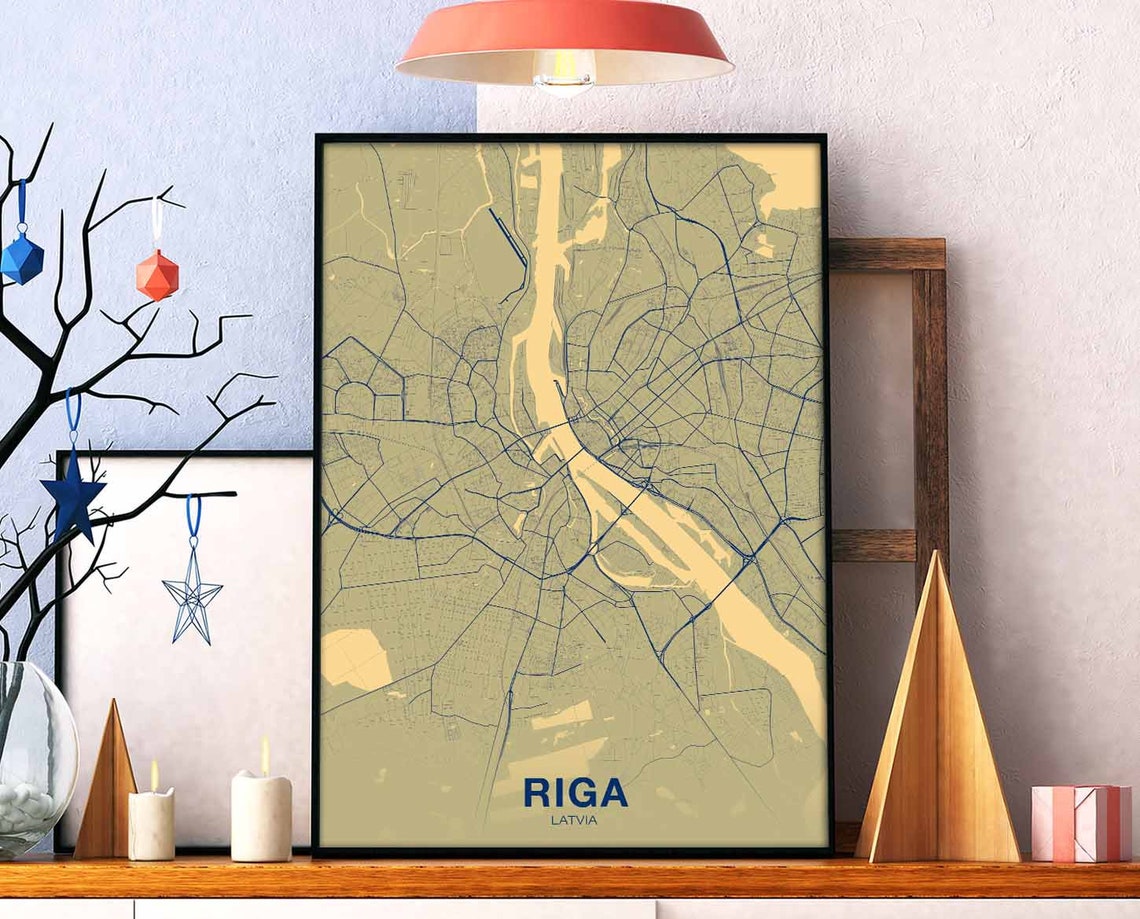 Riga Latvia City Map Poster Beige Navy Modern Baltic Street Artwork
