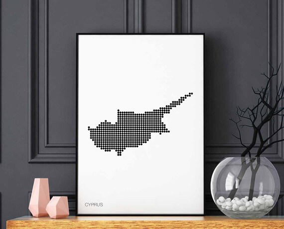 Cyprus Minimal Dots Retro Map Poster Black White Wall Decor Design Modern Swiss Scandinavian Nordic Housewarming Travel