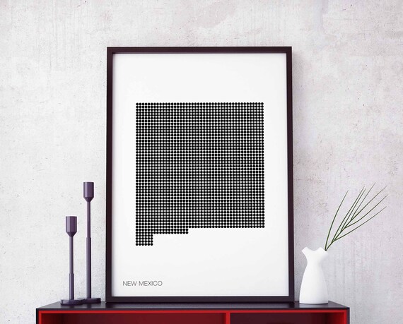 New Mexico Us State Minimal Dots Retro Map Poster Black White Wall Decor Design Modern Swiss Scandinavian Nordic Housewarming Travel