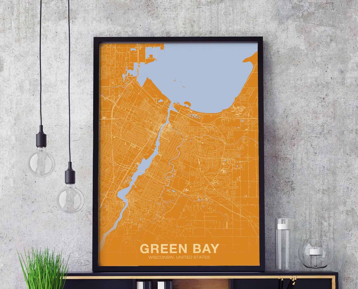 Green Bay Wisconsin Orange and Blue City Map Poster Modern Decor