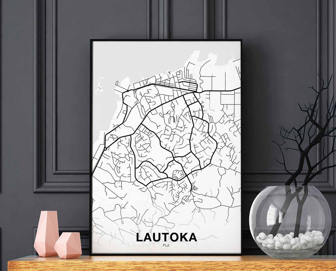 Lautoka Fiji Black and White City Map Minimalist Street Art Poster