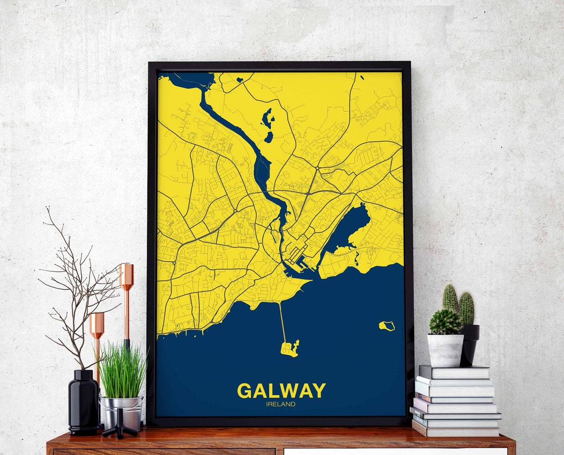 Galway Ireland Bold Yellow And Navy Colorful City Map Art Poster