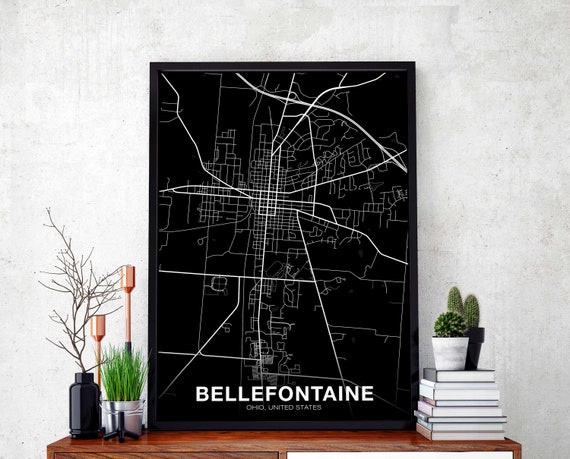 Bellefontaine Ohio Oh Usa Map Poster Black White Hometown City Print Modern Home Decor Office Decoration Wall Art Dorm Bedroom Gift