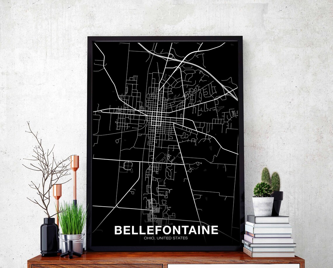 Bellefontaine Ohio Black City Street Map Minimalist City Wall Art