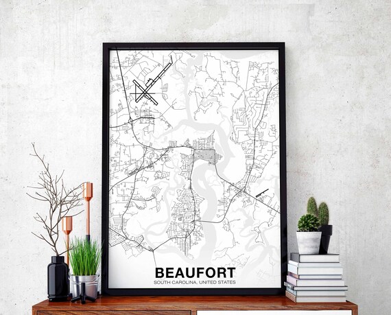 Beaufort South Carolina Sc Usa Map Poster Black White Hometown City Print Modern Home Decor Office Decoration Wall Art Dorm Bedroom Gift