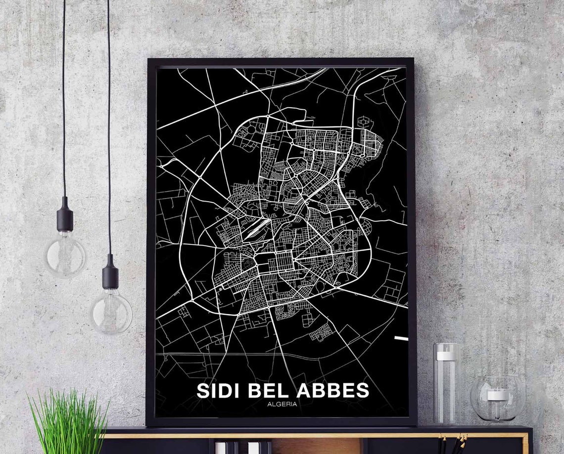 Sidi Bel Abbes Algeria City Map Poster Black and White Wall Decor