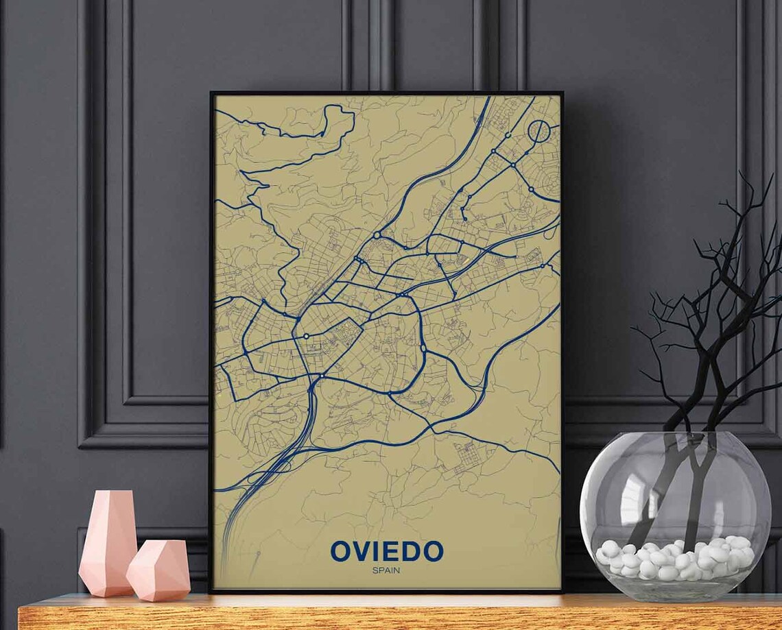 Oviedo Spain Vintage Style Beige Navy City Street Map Poster