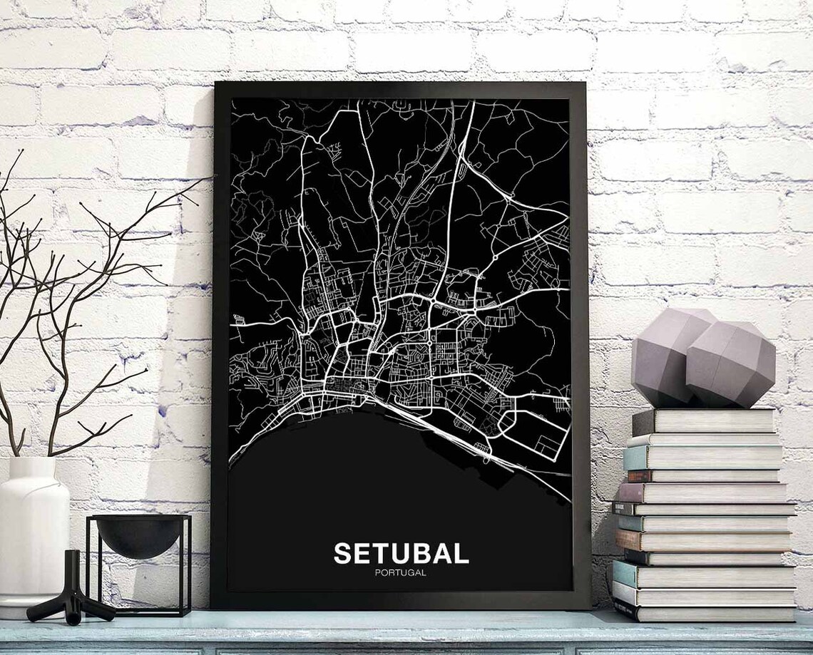 Setubal Portugal Coastal City Street Map Black Modern Decor Poster