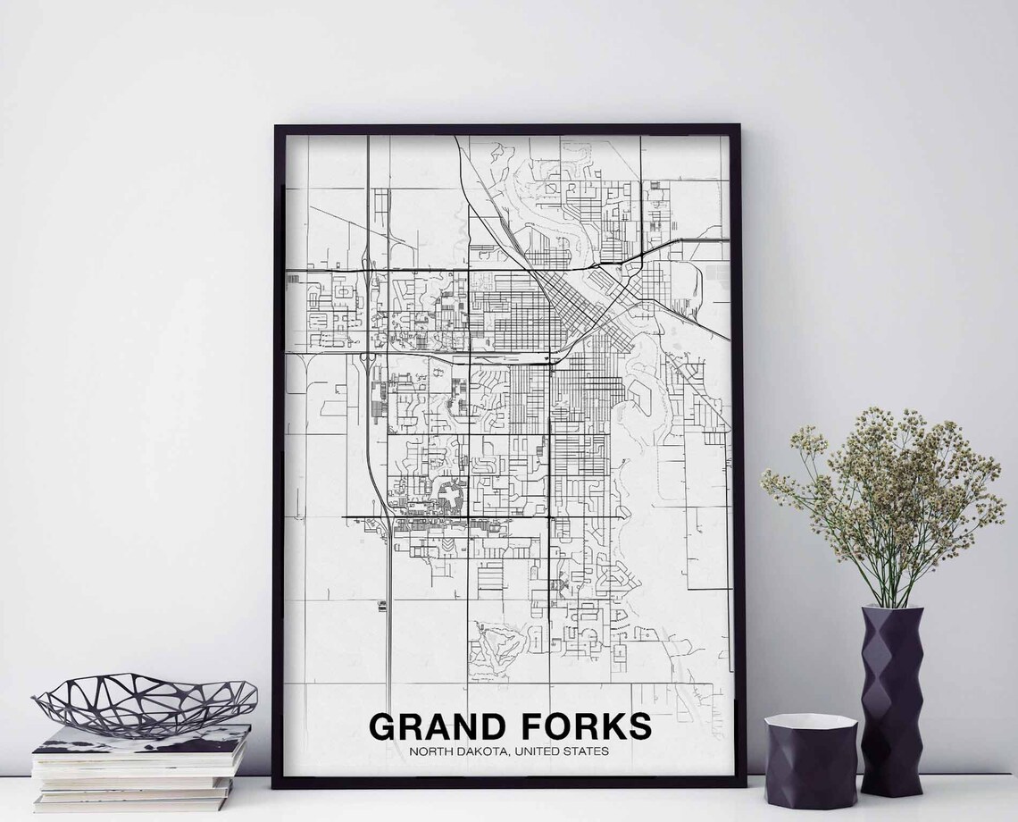 Grand Forks North Dakota USA Map Poster, Modern Decor