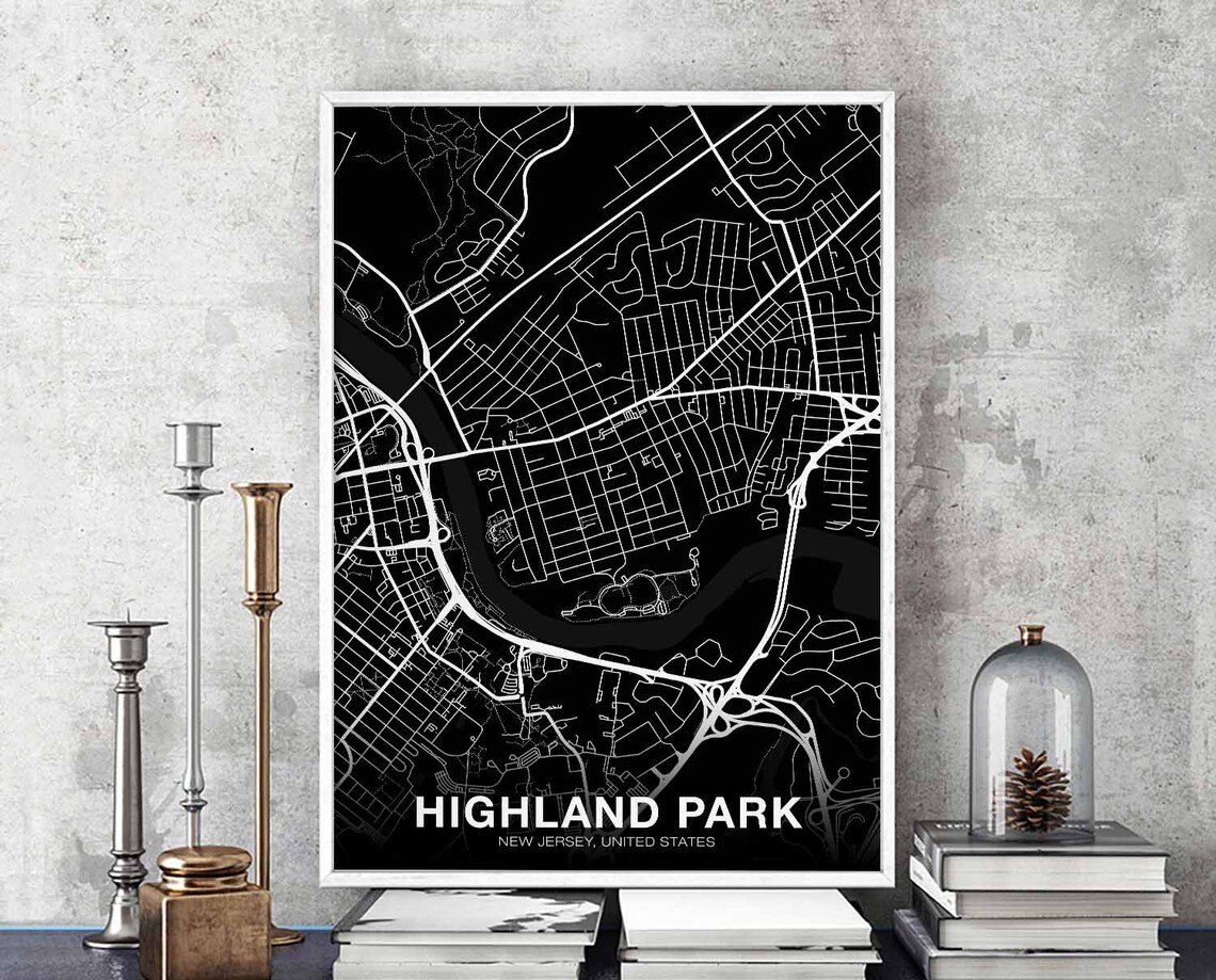 Highland Park New Jersey USA Black White City Street Map Poster