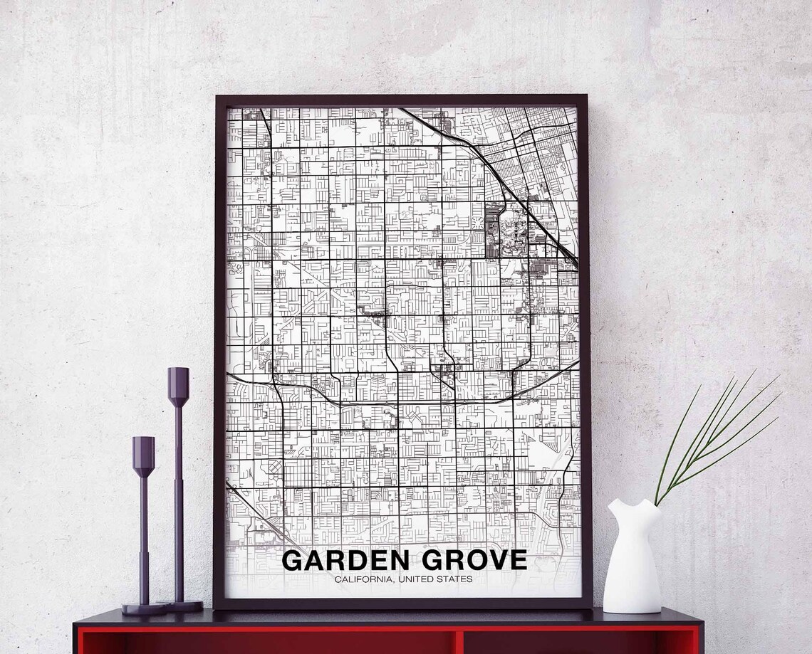 Garden Grove California White Minimalist City Street Map Poster