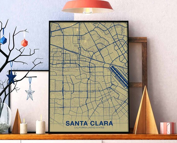 Santa Clara California Navy Blue Tan Vintage City Map Poster