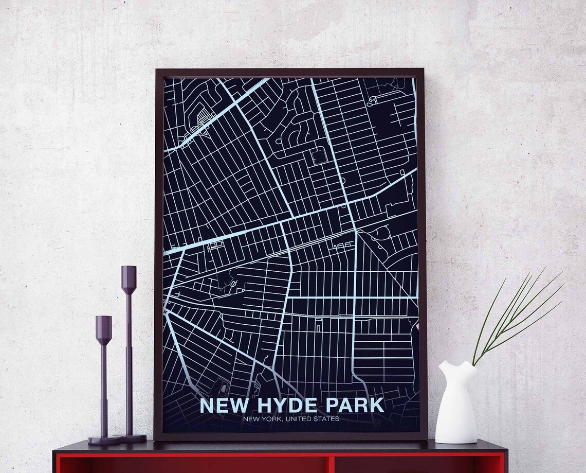 New Hyde Park New York Night Blue Street Map Poster Modern Home Decor