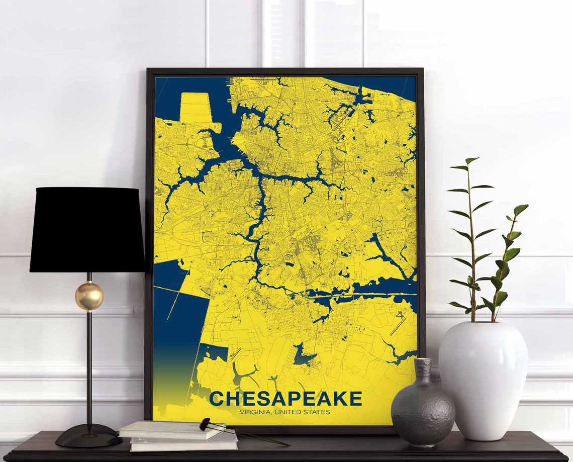 Chesapeake Virginia Yellow Blue City Map Modern Hometown Poster