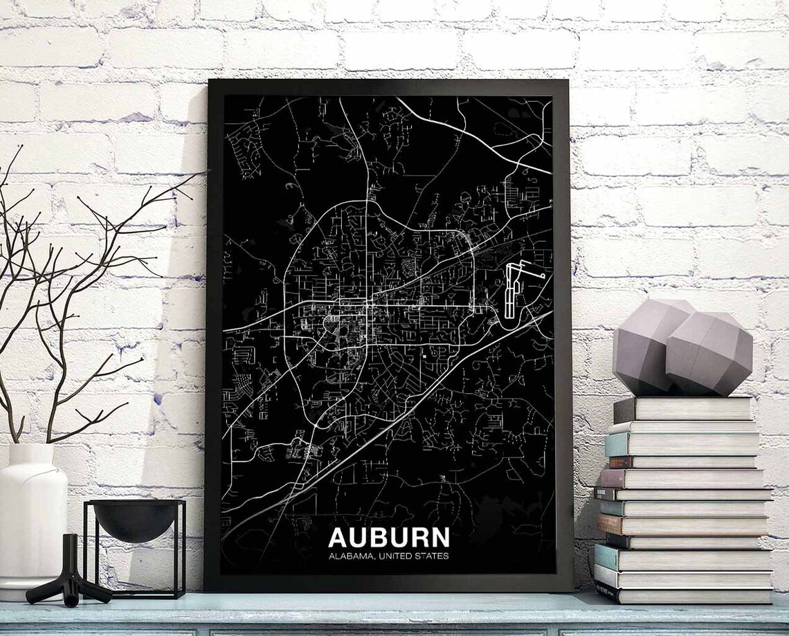 Auburn Alabama City Map Poster Black White Modern Hometown Street Art