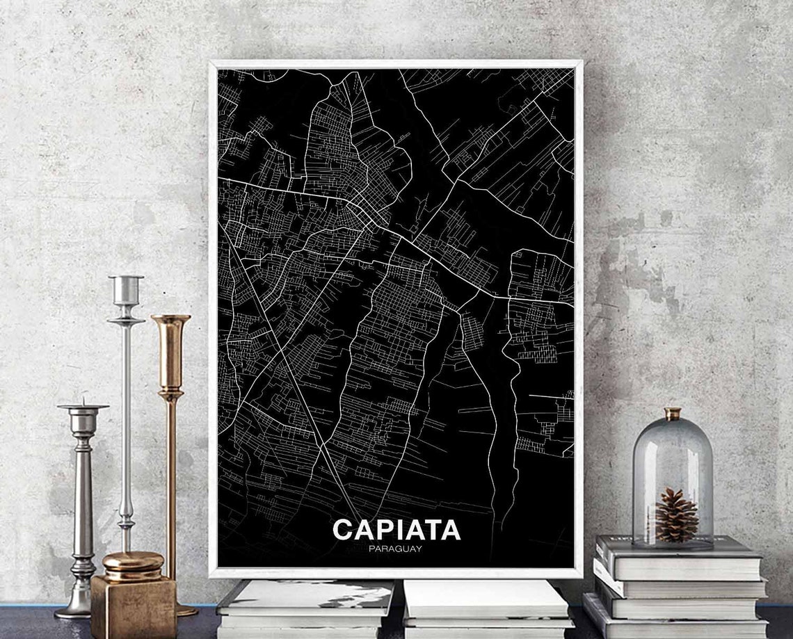 Capiata Paraguay White on Black Street Map Dramatic City Poster