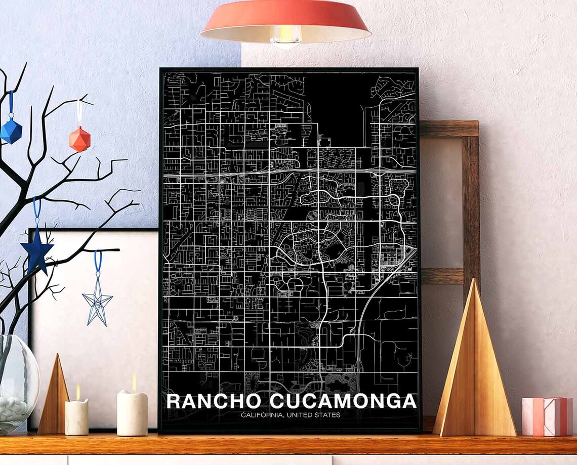 Rancho Cucamonga California Street Map Black Background City Poster