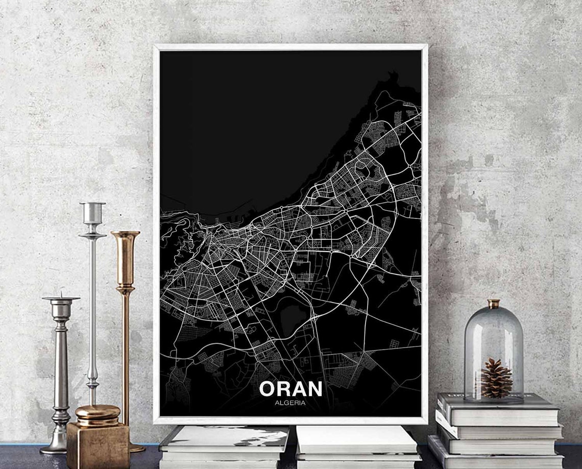 Bold Oran Algeria White Line on Black Modern Street Map Poster