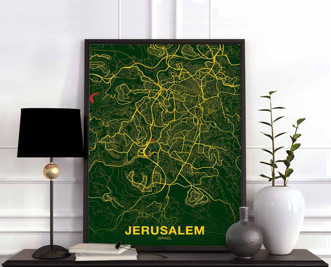 Jerusalem Israel City Map Deep Green Gold Minimalist Art Poster