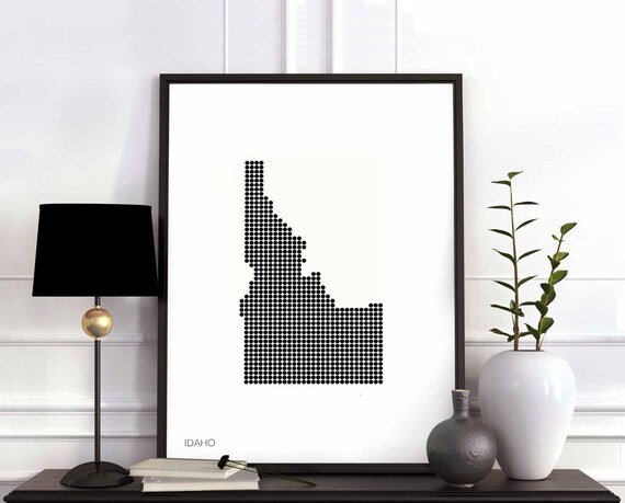 Idaho Us State Minimal Dots Retro Map Poster Black White Wall Decor Design Modern Swiss Scandinavian Nordic Housewarming Travel
