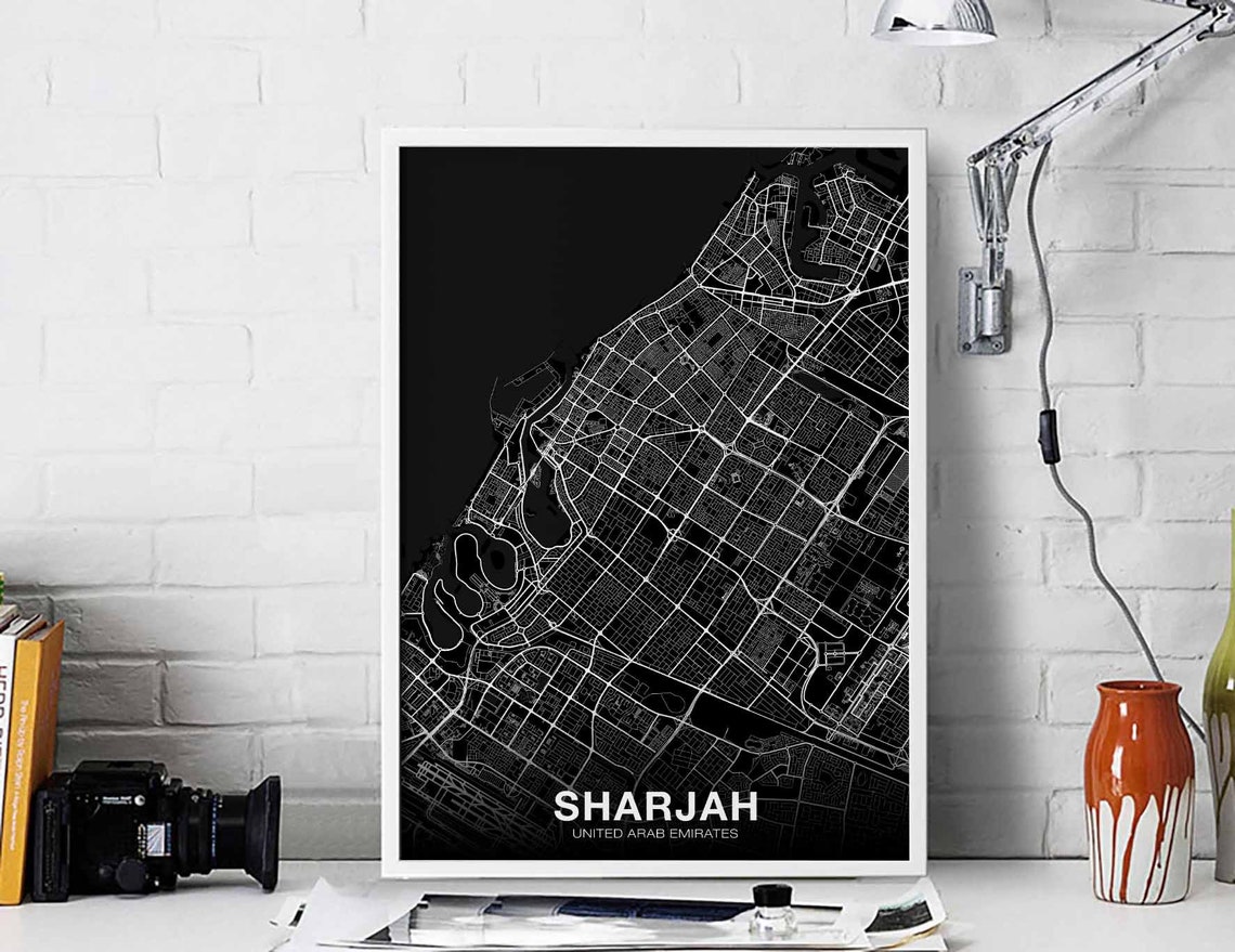 Sharjah United Arab Emirates Black White City Map Art Poster