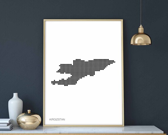 Kirgizstan Minimal Dots Retro Map Poster Black White Wall Decor Design Modern Swiss Scandinavian Nordic Housewarming Travel