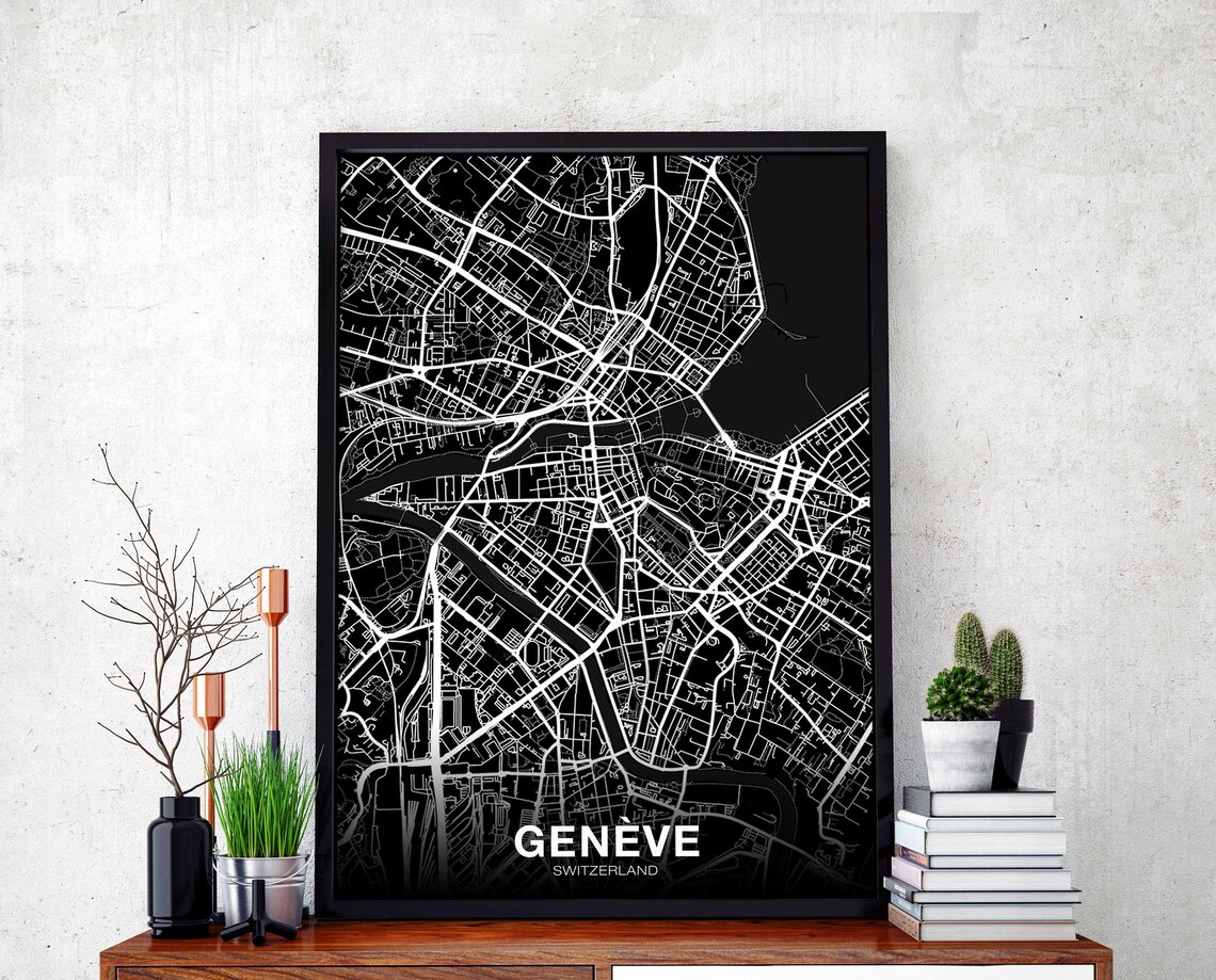 Geneve Switzerland Black White Minimalist City Street Map Poster