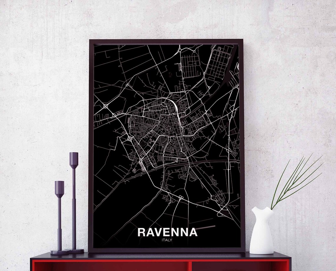Ravenna Italy Map Poster Black Background Minimalist City Street Art